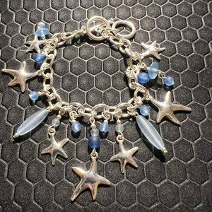 Star Fish Silver with Blue Sea Glass Charm Bracelet18K White Gold Plated